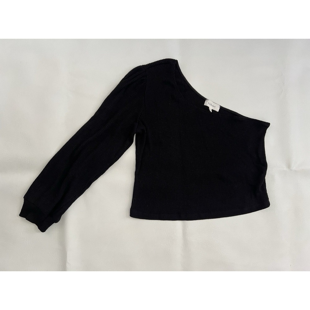 Bohme Black One Shoulder Long Sleeve Ribbed Knit Top Womens L Going Out Casual